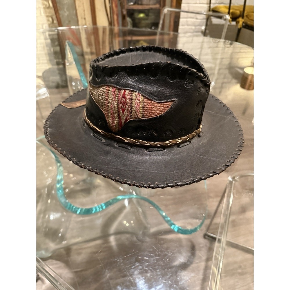 Handmade Leather Western Hat Boho Festival Kilim Patchwork 22.5in - Picture 2 of 7